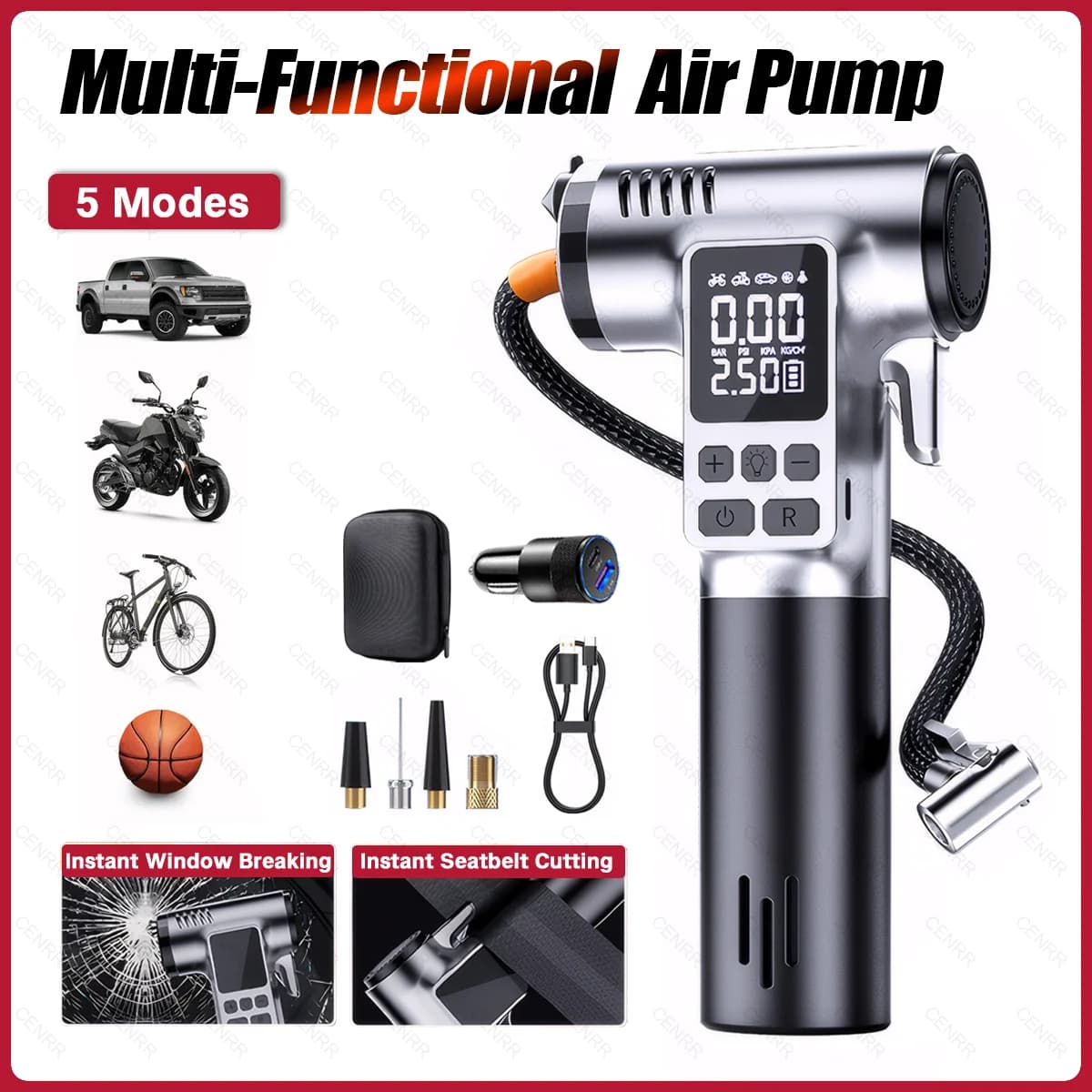 Pompa d'aria elettrica multifunzionale Gonfiatore per pneumatici per auto Iniettore d'aria wireless Compressore d'aria portatile per palla da moto per pneumatici