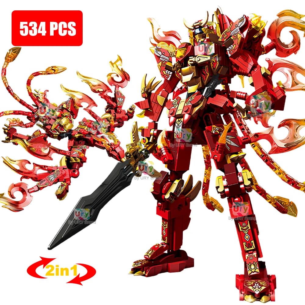 2in1 Ninja Movie Red Warrior Robot Battle Mecha Flying Fire Dragon Set Fighter Building Blocks Giocattolo per Kid Boy Regalo di Natale