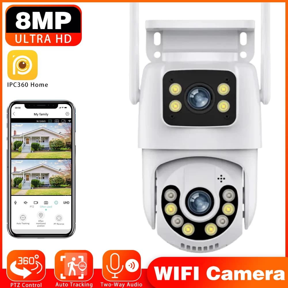 8MP IPC360 Telecamera IP WIFI domestica Doppia lente 2 schermi PTZ Audio bidirezionale Visione notturna a colori Telecamera di sorveglianza CCTV esterna senza fili