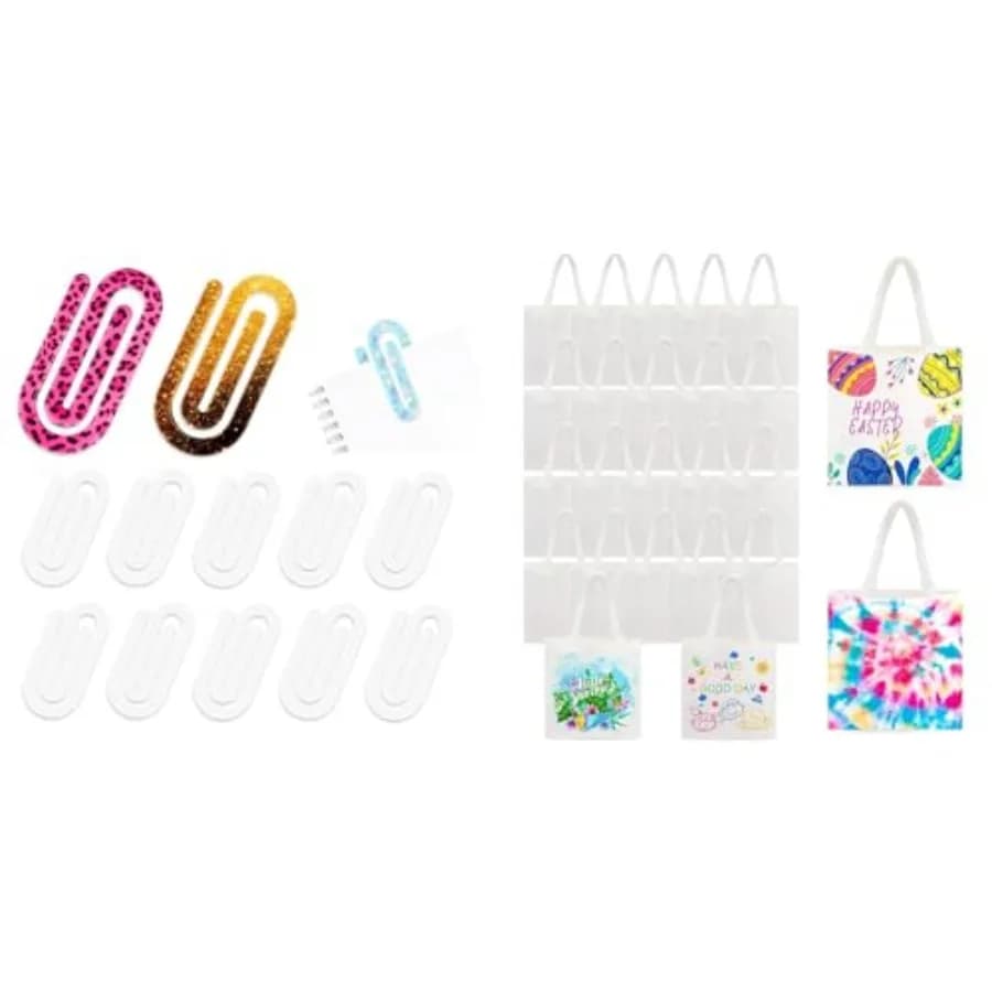 Confezione da 12 fermagli per carta in acrilico sublimabile e 24 mini tote bag sublimabili da 8 x 8,75 pollici.