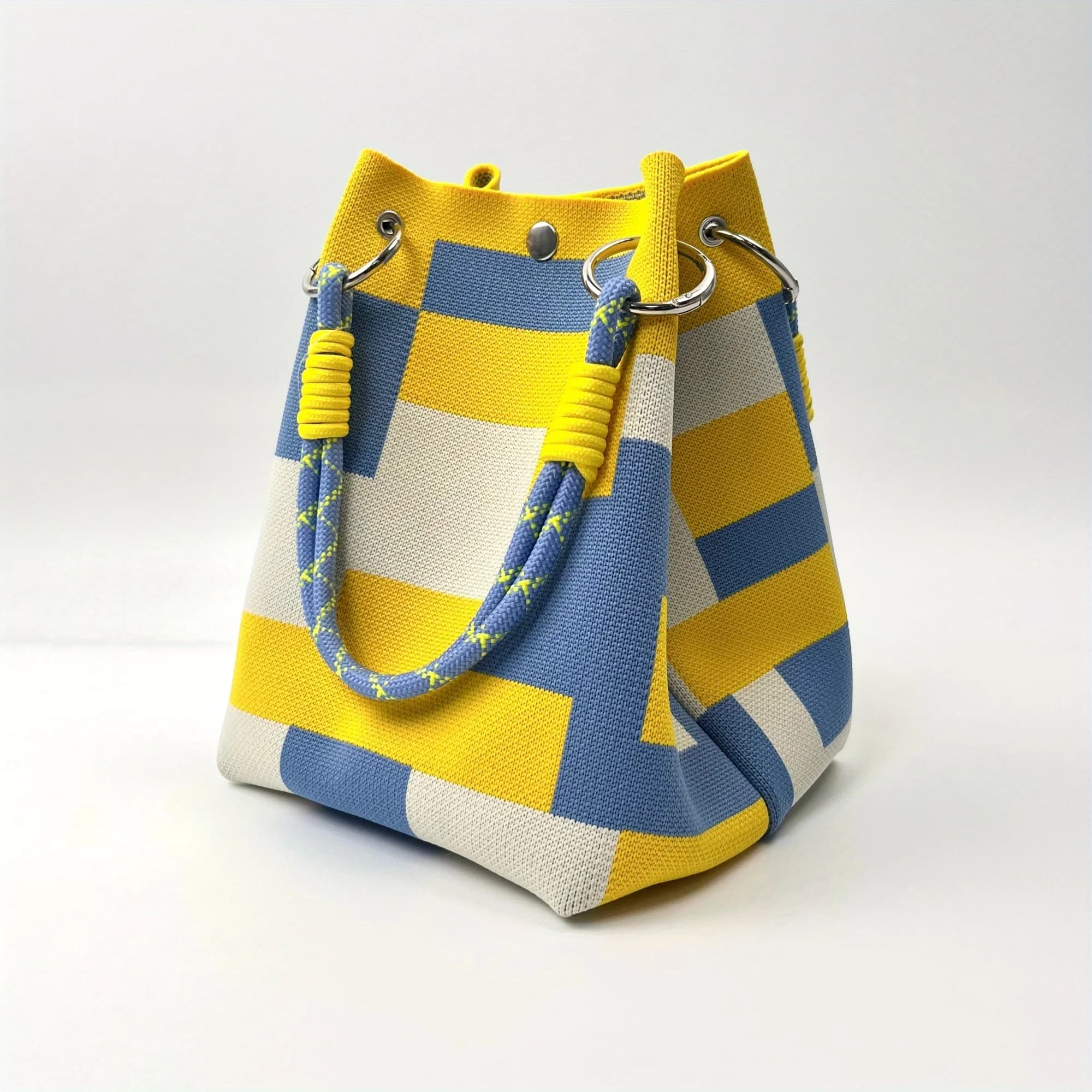 Colorful striped Korean bucket bag, knitted fabric tote bag, contrasting color bag, versatile clutch with simple rope knot