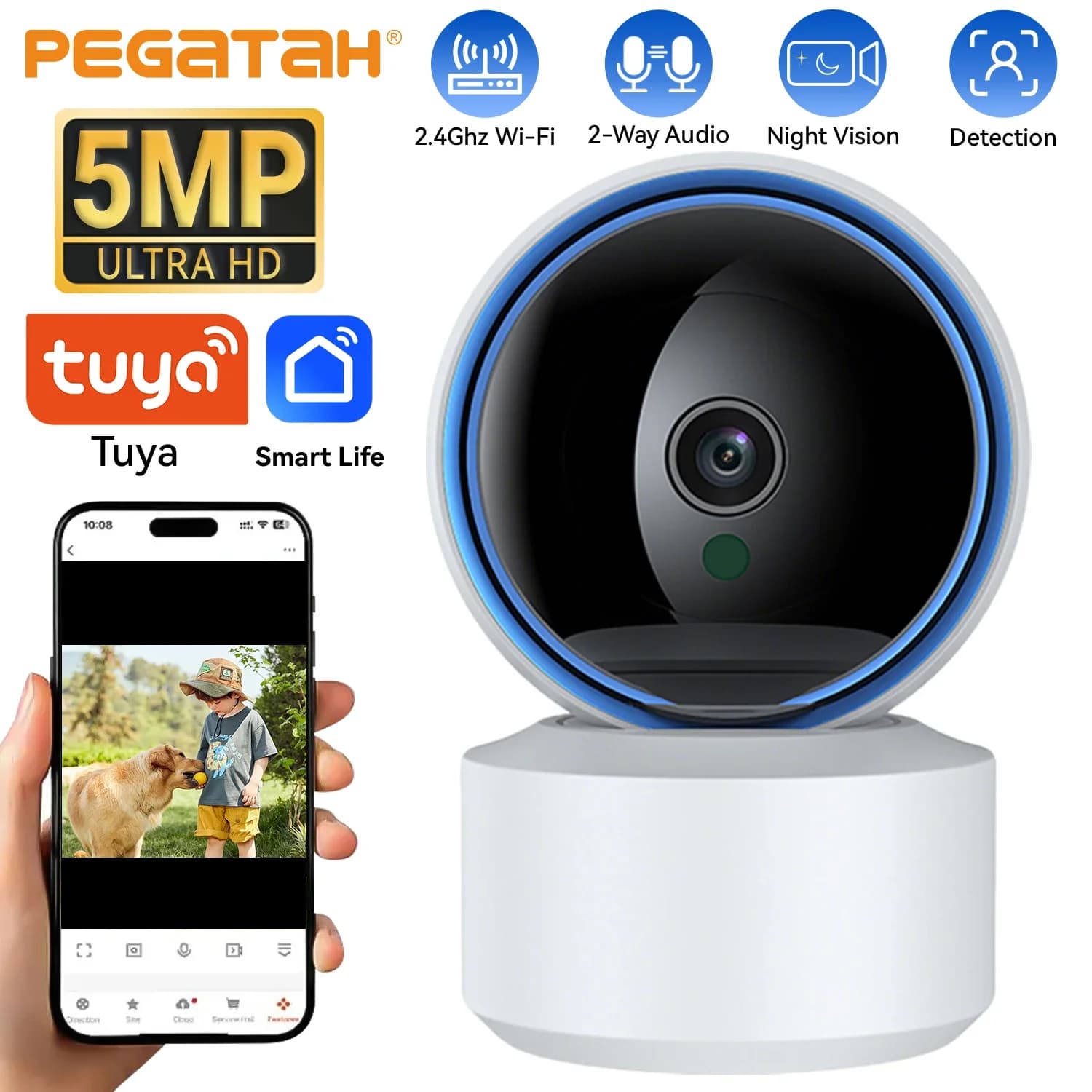 PEGATAH Tuya Smart 5MP WiFi Telecamera IP Baby Monitor 360 ° La visione notturna audio bidirezionale con rilevamento del movimento PTZ supporta il protocollo ONVIF