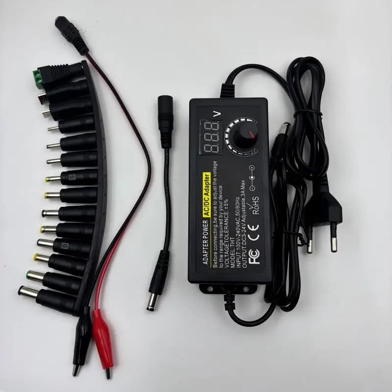 3V-24V-3A Laboratory Variable AC-DC Power Adapter with Crocodile Clip for Female Appliances with US/EU Plug
