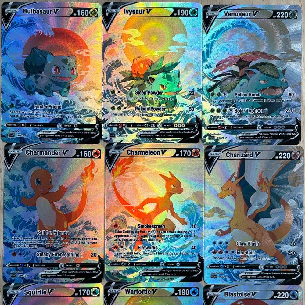 9 Pz/set FAI DA TE Anime PTCG Collezione di Carta Inglese Charizard Charmeleon Ivysaur Venusaur Squirtle Rifrattivo Flash Card Regalo Del Bambino