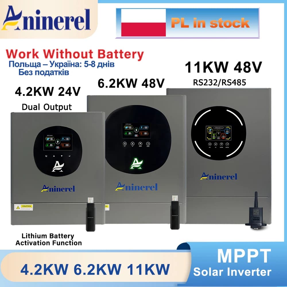 Inverter Solare Ibrido Aninerel 4.2KW 6.2KW 11KW 24V 48V con Doppia Uscita, Display LCD a Colori, MPPT 100A 120A PV500VDC e WiFi - Disponibilità EU