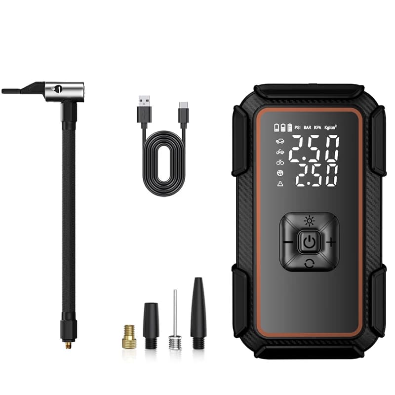 Compressore d'aria portatile wireless per auto con display digitale, gonfiatore elettrico per pneumatici di moto, biciclette, auto e palloni, nero