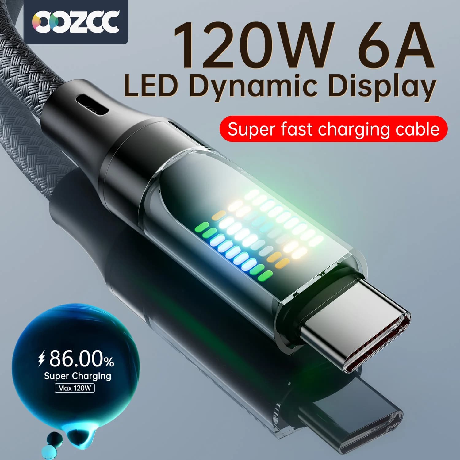 OOZCC 120W Type C Quick Charging Cable 6A USBA Type C Data Cable for Xiaomi Samsung with LED Display USB C Cable