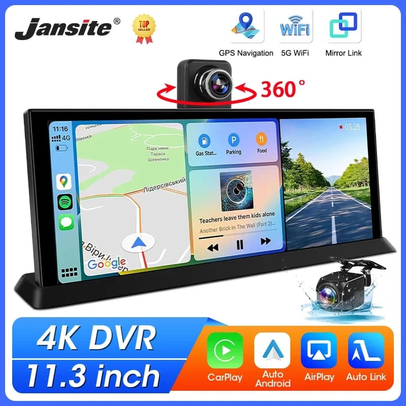 New CarPlay and Android Car 11.3 inch 4K wireless screen for car DVR 360 ° Rotate GPS navigation dashboard recorder with Dash Cam lens