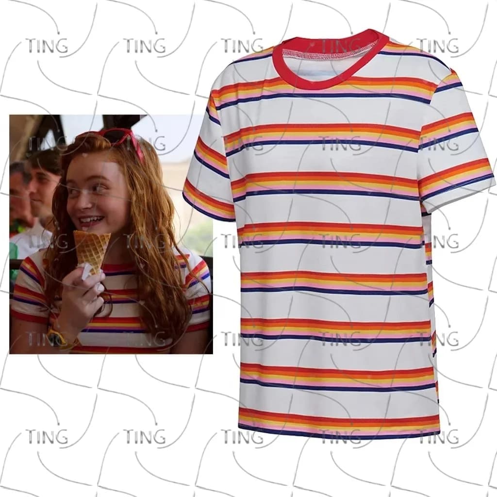 T-shirt a righe arcobaleno 2026 Max Mayfield per cosplay, per ragazze, casual, traspirante, ad asciugatura rapida, comoda, stampata