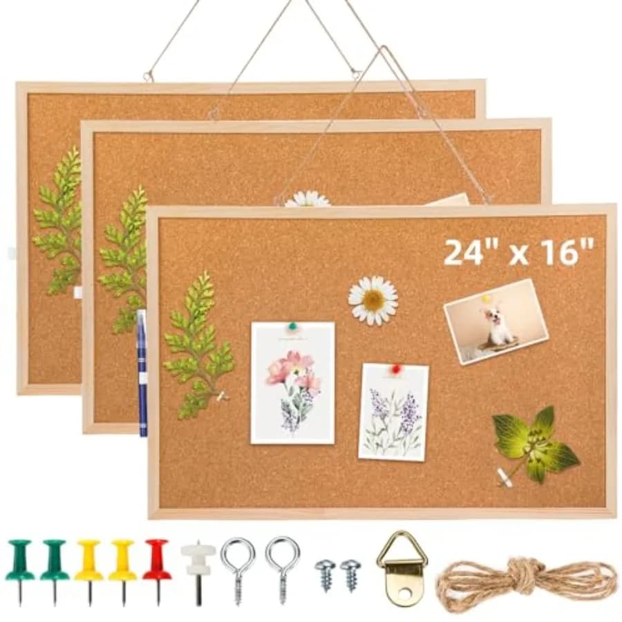 Set di 3 Pannelli in Sughero per Pareti, 61 cm x 41 cm, Grande Bacheca con Cornice, Puntine, Spesso Pannello per Avvisi per Ufficio e Scuola