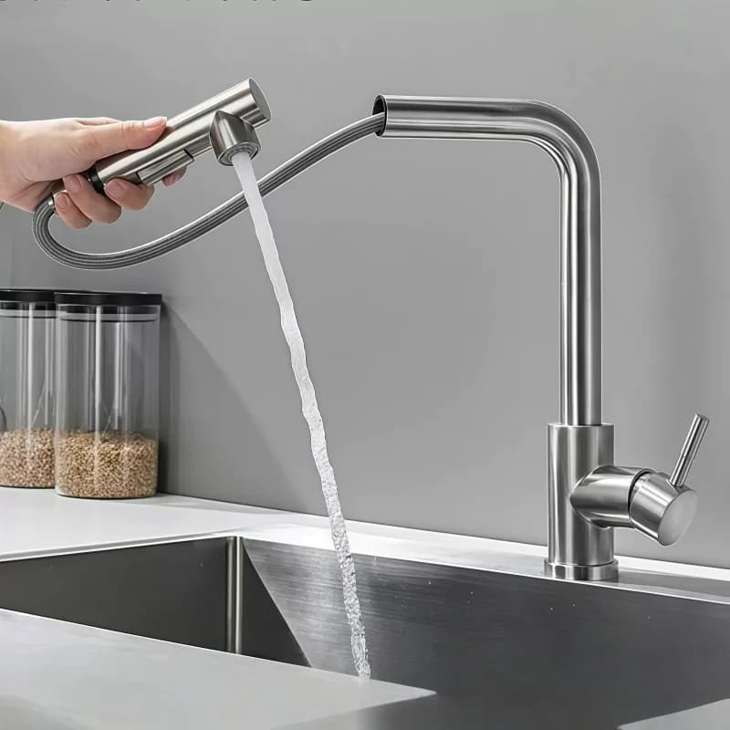 Rubinetto da cucina estraibile ad alta pressione con due modalità di getto e spruzzatore, in acciaio inossidabile, per installazione su piano, acqua calda e fredda