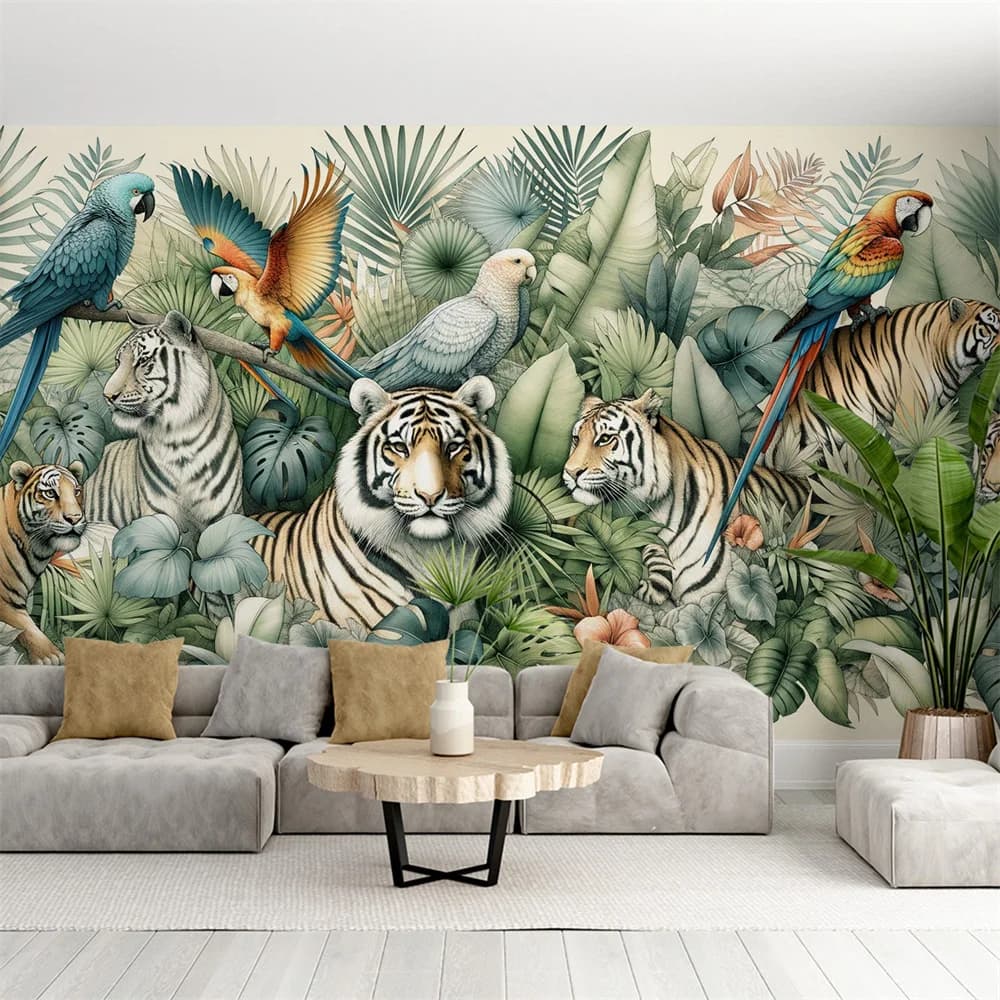 Carta da parati giungla stampata in 3D personalizzata con murales di tigre e pappagalli in piante tropicali