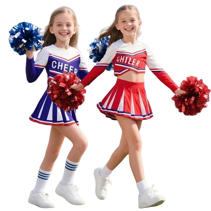Cheerleader Costume for Girls, Sports Dress for Basketball Events, Ball Uniforms with Pon Pon Blu and Rossi for Festivals and Carnival Festivals