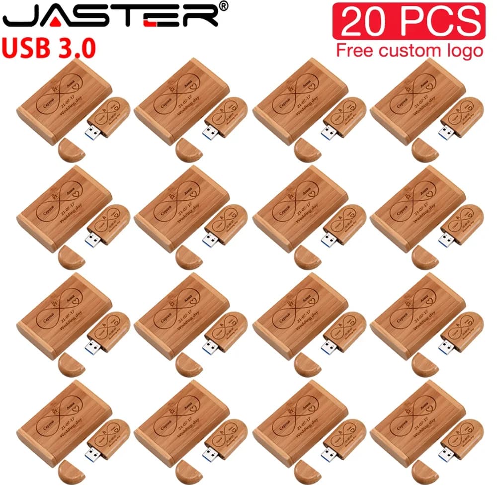 JASTER 20 Pezzi/Lotto Chiavette USB 3.0 in Legno 128GB con Logo Personalizzabile, Pen Drive 64GB 32GB, Memoria USB Creativa per Laptop