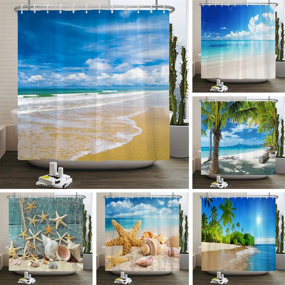 Tenda da Doccia con Stampa Tropicale Spiaggia e Oceano, Impermeabile in Poliestere, Decorazione Bagno con Stelle Marine e Paesaggio Marino, con Ganci