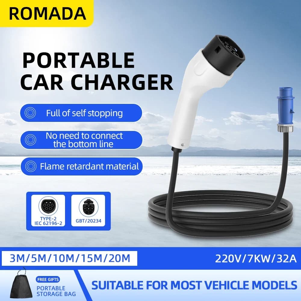 ROMADA Type2 IEC62196-2 Per Veicolo Elettrico 7KW 32A EV Caricatore Portatile 3M 5M 10M 15M 20M Cavo EVSE CEE Spina Wallbox Adattatore