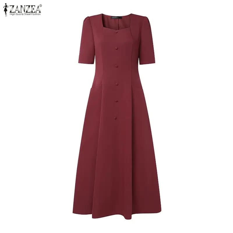 ZANZEA 2026 Women's Summer Dress with Neckline Square, Elegant Dress with Office Dress, Fashion Party Dress with Sleeves Court, Line A, with Straight Life