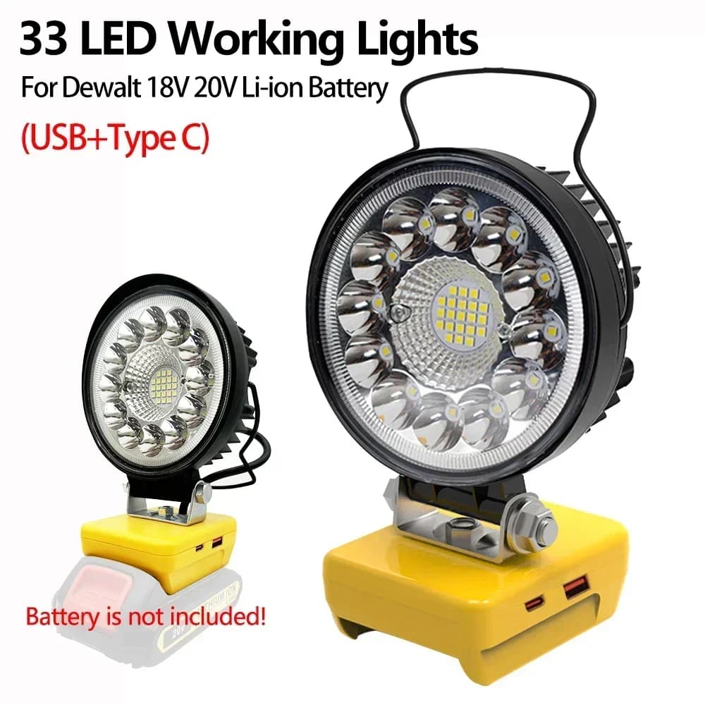 33 Luci da lavoro a LED Torcia Torcia Faretti Tipo C USB Power Bank per DeWalt 18V 20V Batteria al litio Controllo fascio alto e basso