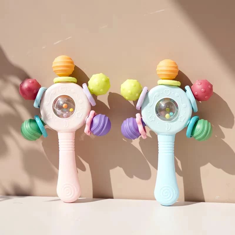 Giocattoli per lo sviluppo del massaggiagengive in silicone per bambini 0 6 12 mesi Dentizione con sonaglio sensoriale per giocattoli con impugnatura per bambini Giochi educativi