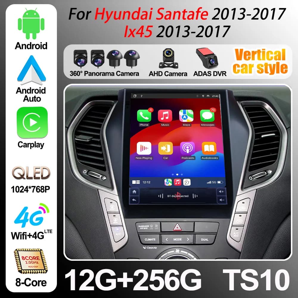 Autoradio Android 16 da 9,7 Pollici per Hyundai Santafe 2013-2017 Ix45 2013-2017, Lettore Multimediale con GPS, Schermo di Navigazione, Unità Principale 5G