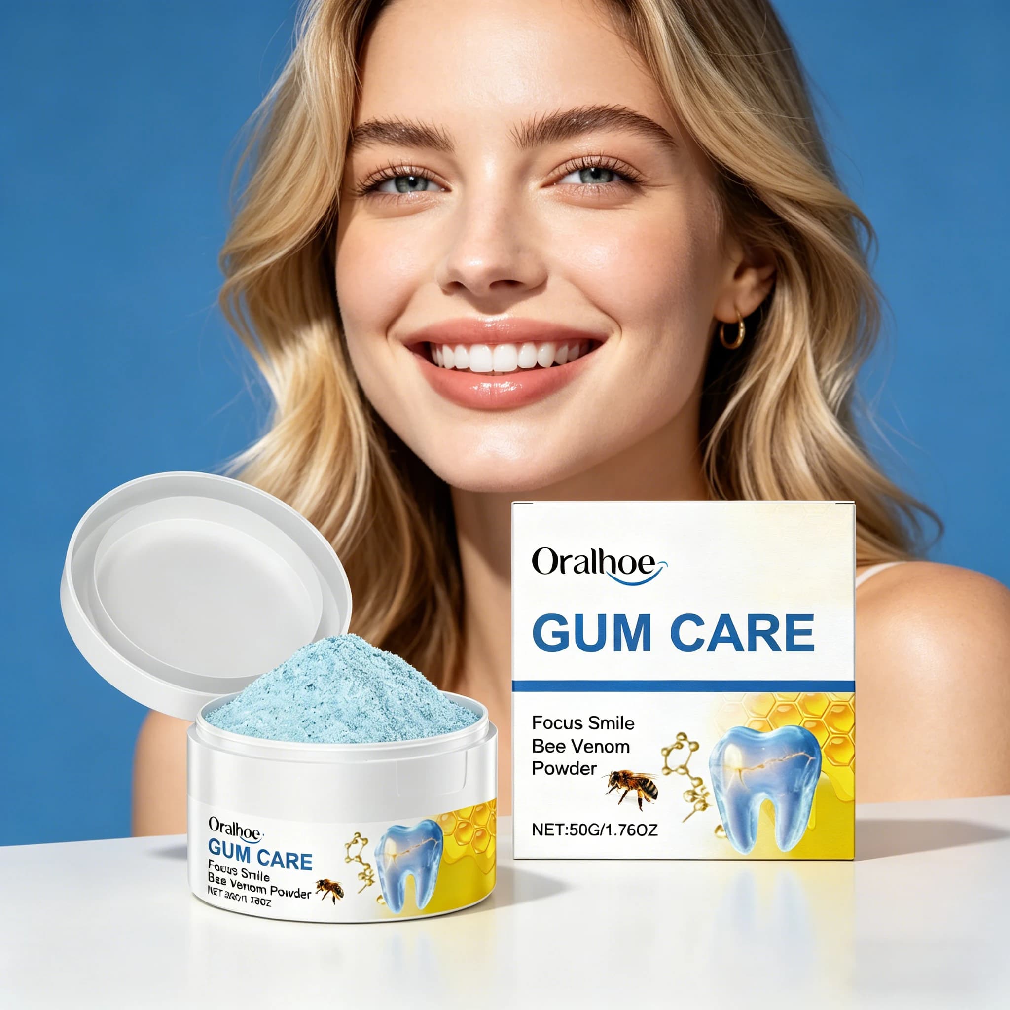 ORALHOE 50g Polvere di Veleno d'Api per Alleviare il Rallentamento Gengivale, Gonfiore, Rimozione di Placca e Carie, Riduzione dell'Odore Orale, Polvere per la Pulizia dei Denti