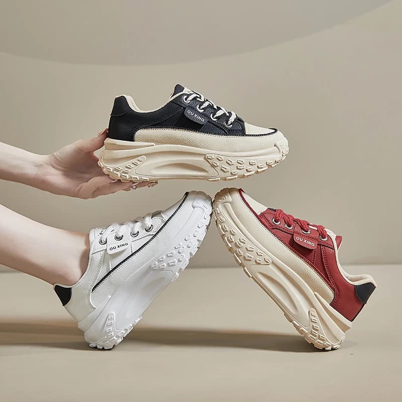 Women's Versatile and Trendy sneakers, Gymnastics Shoes with Rialzo, Casual Leather Shoes, Breathable and with thick Sole