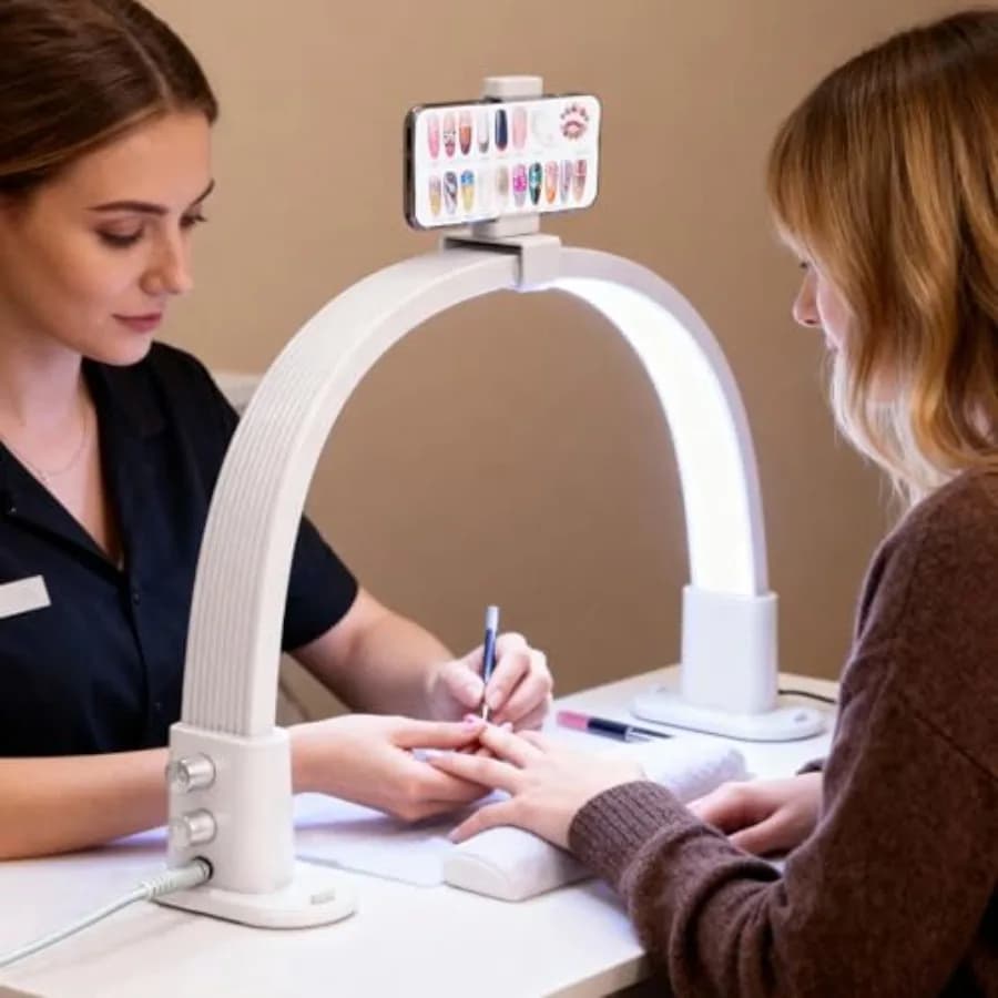 Lampada per Unghie a Mezzaluna da Scrivania, Lampada Portatile con Supporto per Telefono, Regolazione Continua di Luminosità e Temperatura Colore