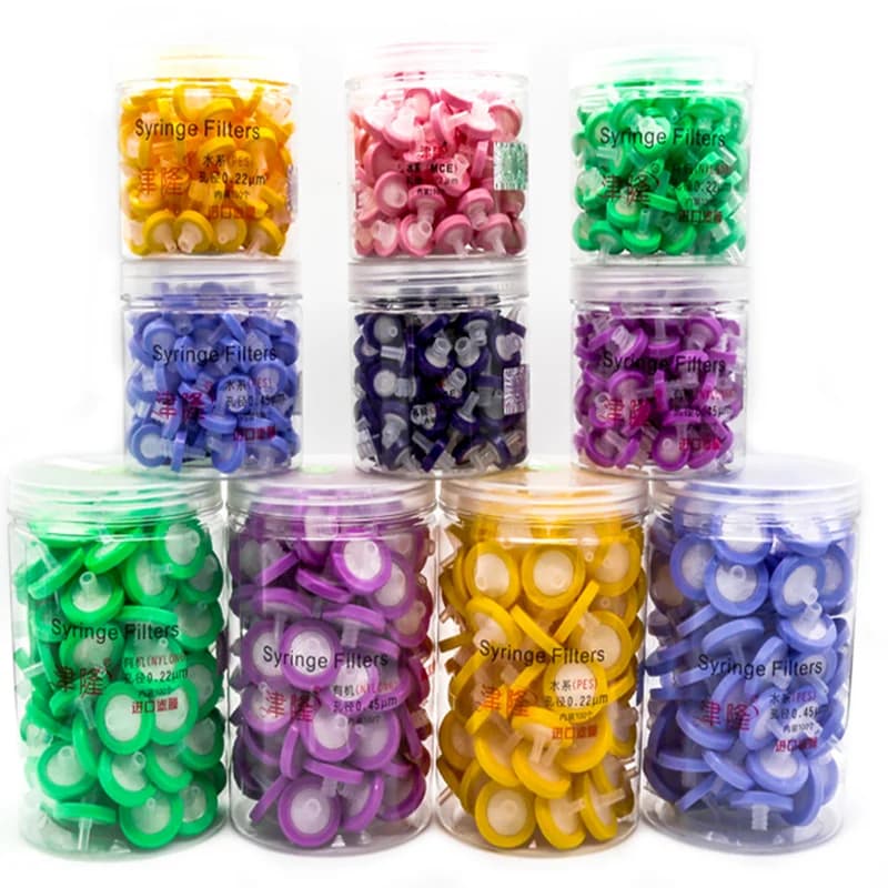 100 pz/lotto Lab 13mm 25mm materiale Nylon/PES/PTFE/MCE/Fibra di vetro Millipore Membrana Filtro Siringa 0.22/0.45um dimensione dei pori