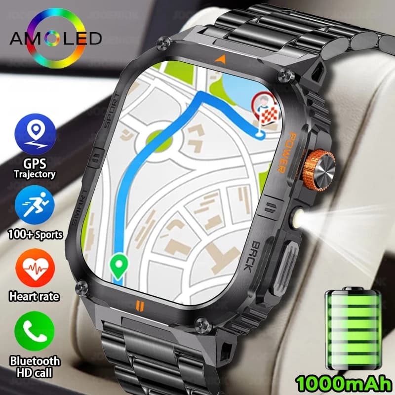 New 1000mAh Military Outdoor Watch Smart Men LED Flashlight IP68 Waterproof GPS Sport 2.01 inch Bluetooth Smartwatch 2025