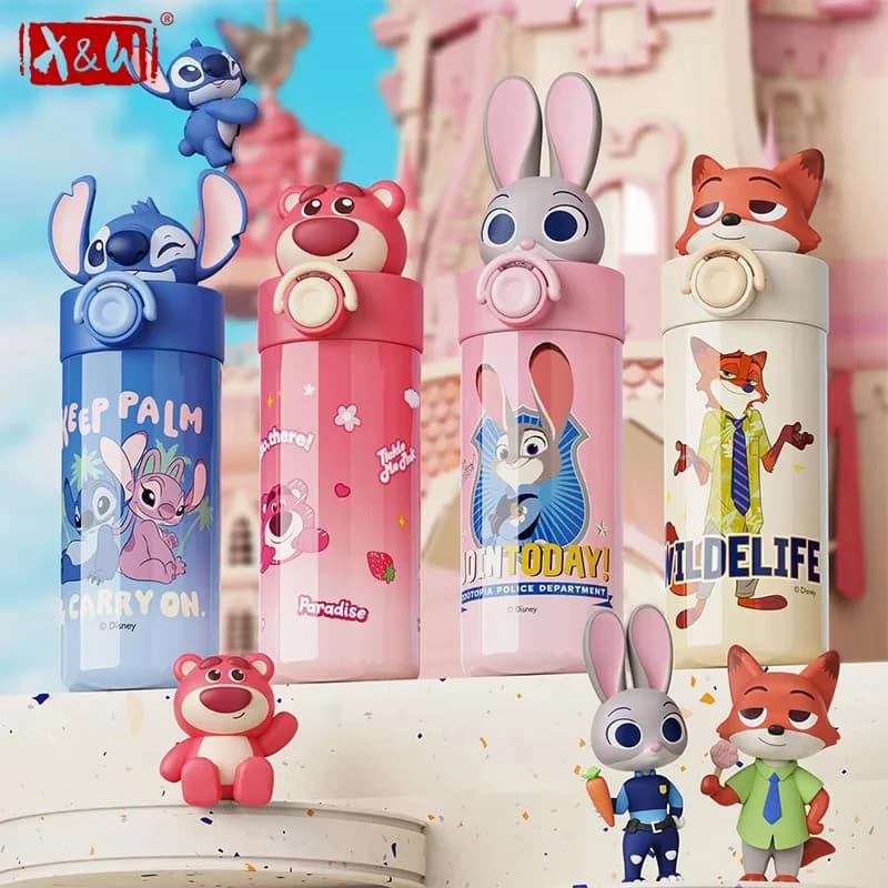 Disney Thermos Cup 450ml Coperchio elastico in acciaio inossidabile Tazza isolata Stitch Lotso Tazza da caffè con cannuccia Tazza portatile per auto carina regalo