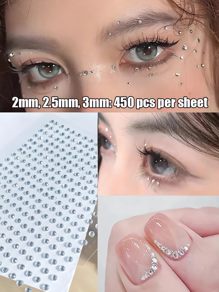 1350pcs Self-Adhesive Rhinestone Stickers 3 Sheets Crystal Decals 2/2.5/3mm Nail Art DIY Makeup Face Gems Festival Body Jewelry