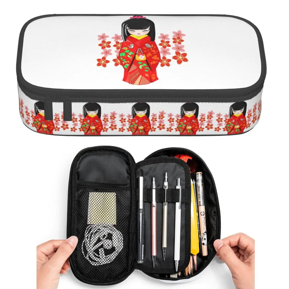 Astuccio portapenne Sakura Japanese Girl Kokeshi Doll per studenti, astuccio portapenne di grande capacità, porta penne