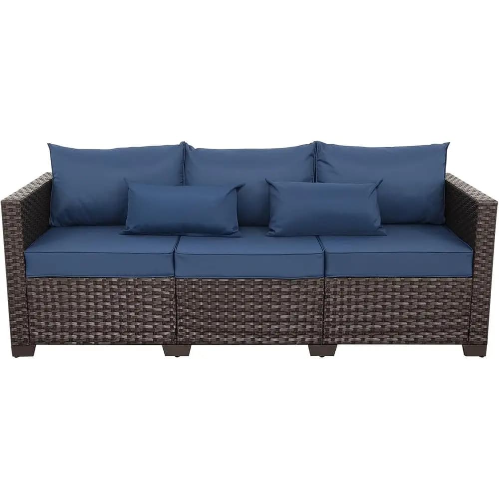 3-seater outdoor sofa with steel structure, deep seat and high backrest, blue cushion and cladding