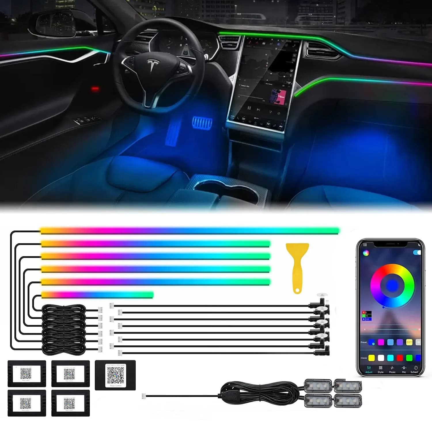 18 in1 Neon Car Interior Ambient Light APP DIY control acrylic strip light guide fiber optic RGB Auto decoration atmosphere lamp