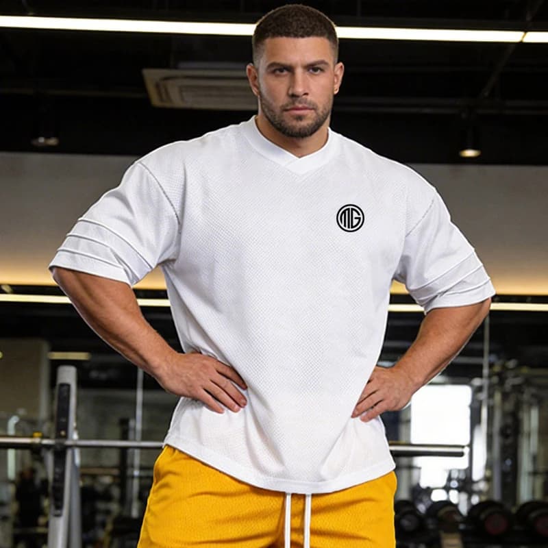 T-shirt Sportiva Oversize a Mezza Manica con Spalle Cadenti in Mesh per Allenamento in Palestra, Bodybuilding e Fitness da Uomo