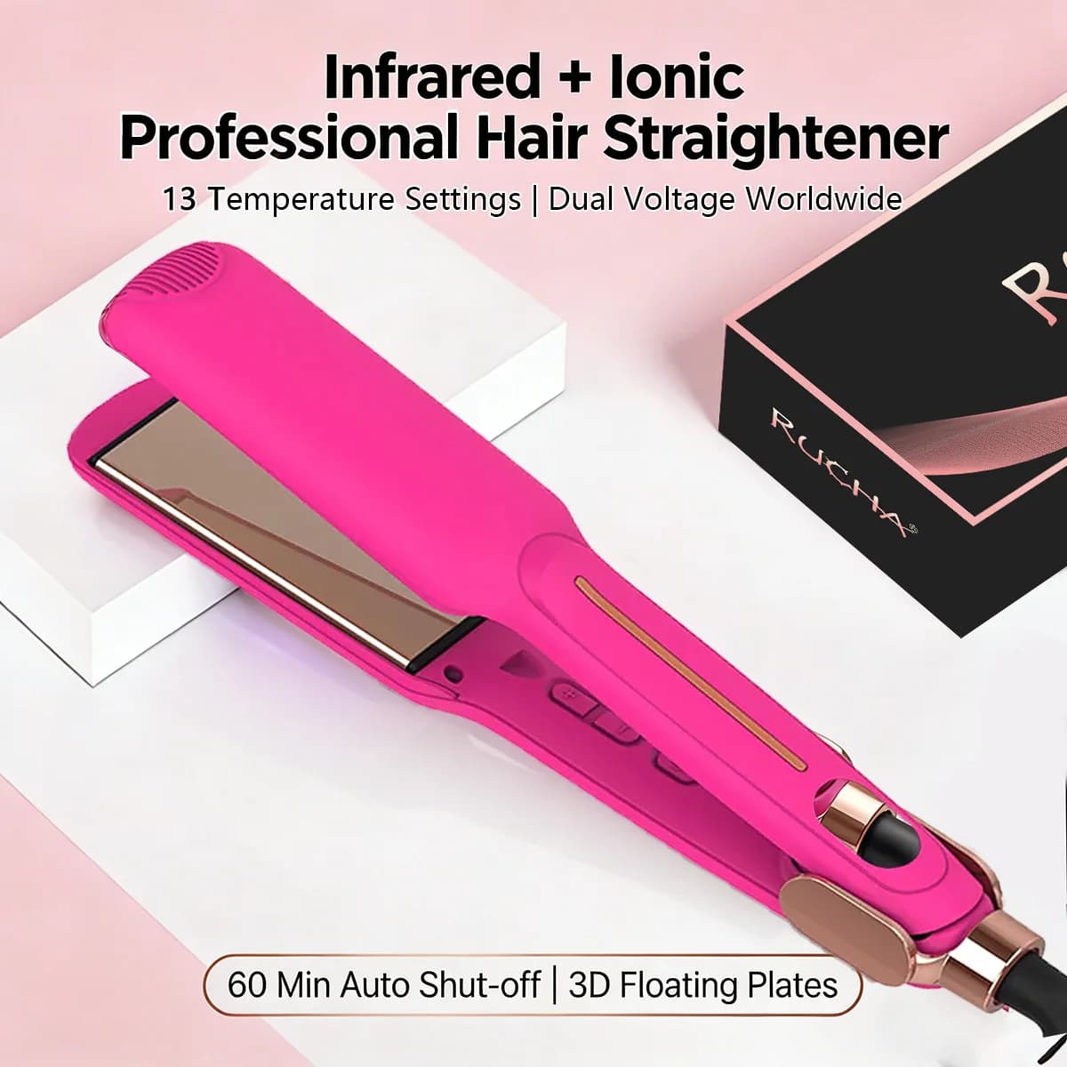 Women's hair plate 450 °F Plate Larga in Titanio Rosa in Infrarossi, Quick heating in 30 Seconds and Hair curlers 2 in 1