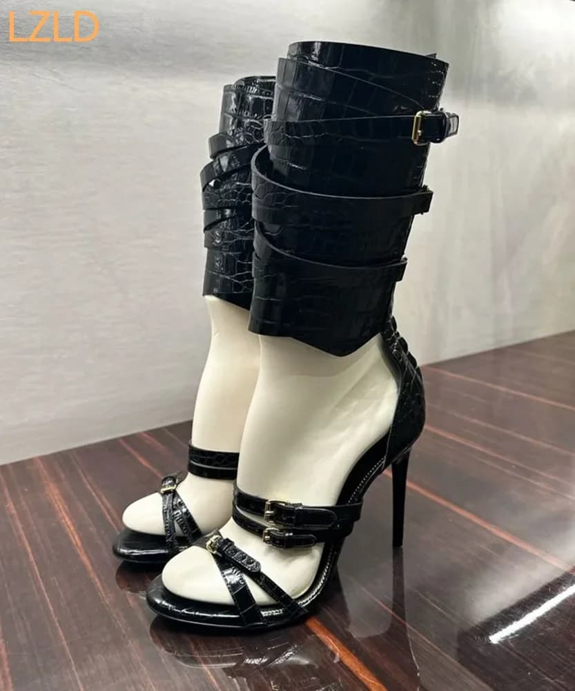 Sexy black women's sandals from catwalk 2025 New long stage sandals with open toe and pin buckle Street Fashion Party Stage