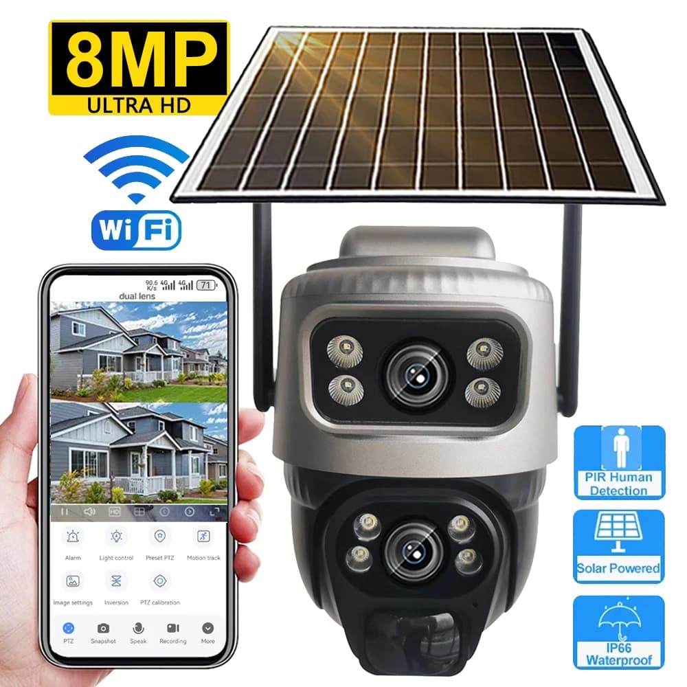 Telecamera IP solare WiFi Telecamera esterna PTZ a doppio obiettivo Videocamera a basso consumo PIR Rilevamento movimento Protezione di sicurezza Telecamera di sorveglianza CCTV