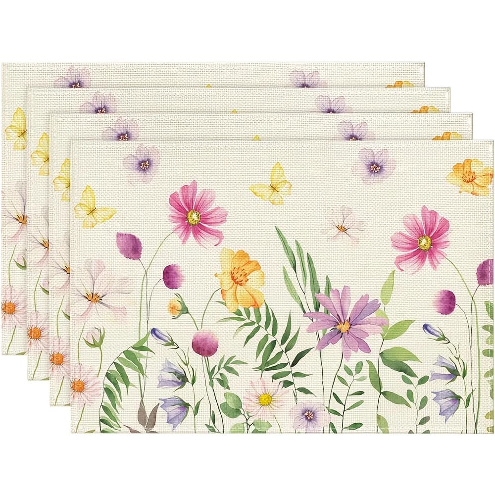 4Pcs, Watercolor Wildflower Butterfly Placemats, Washable, Suitable for Holiday Parties, Home Decor, Kitchen Countertops, Rectangular Dining Tables, Making Your Dining Room and Kitchen More Beautiful, Birthday Gifts for Family and Friends, and Housewarming Party Gifts