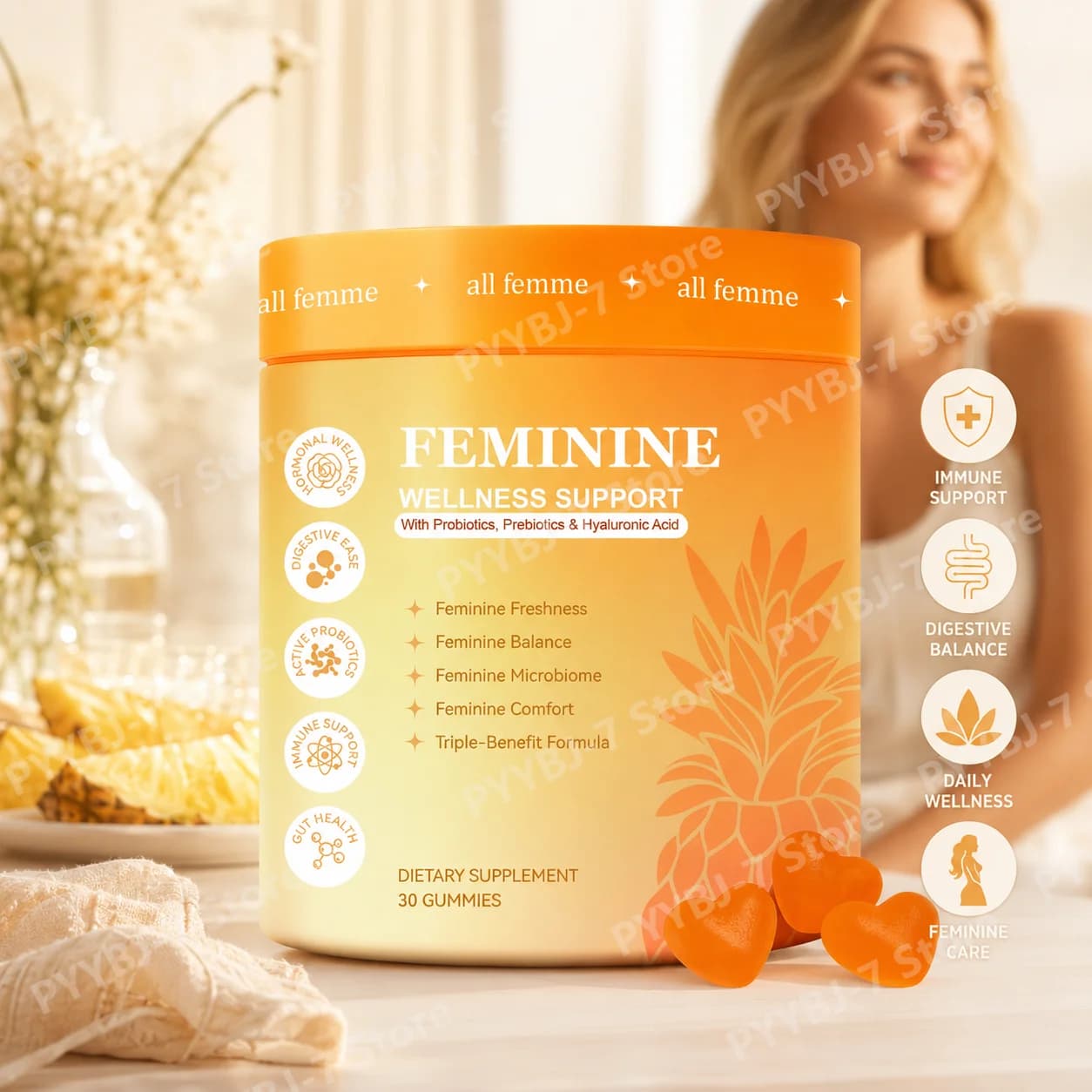 Integratore di Probiotici in Gommose per Donne con Acido Ialuronico, Zenzero, Zinco e Vitamina B6, Supporto per il Benessere Femminile, 30 Pezzi