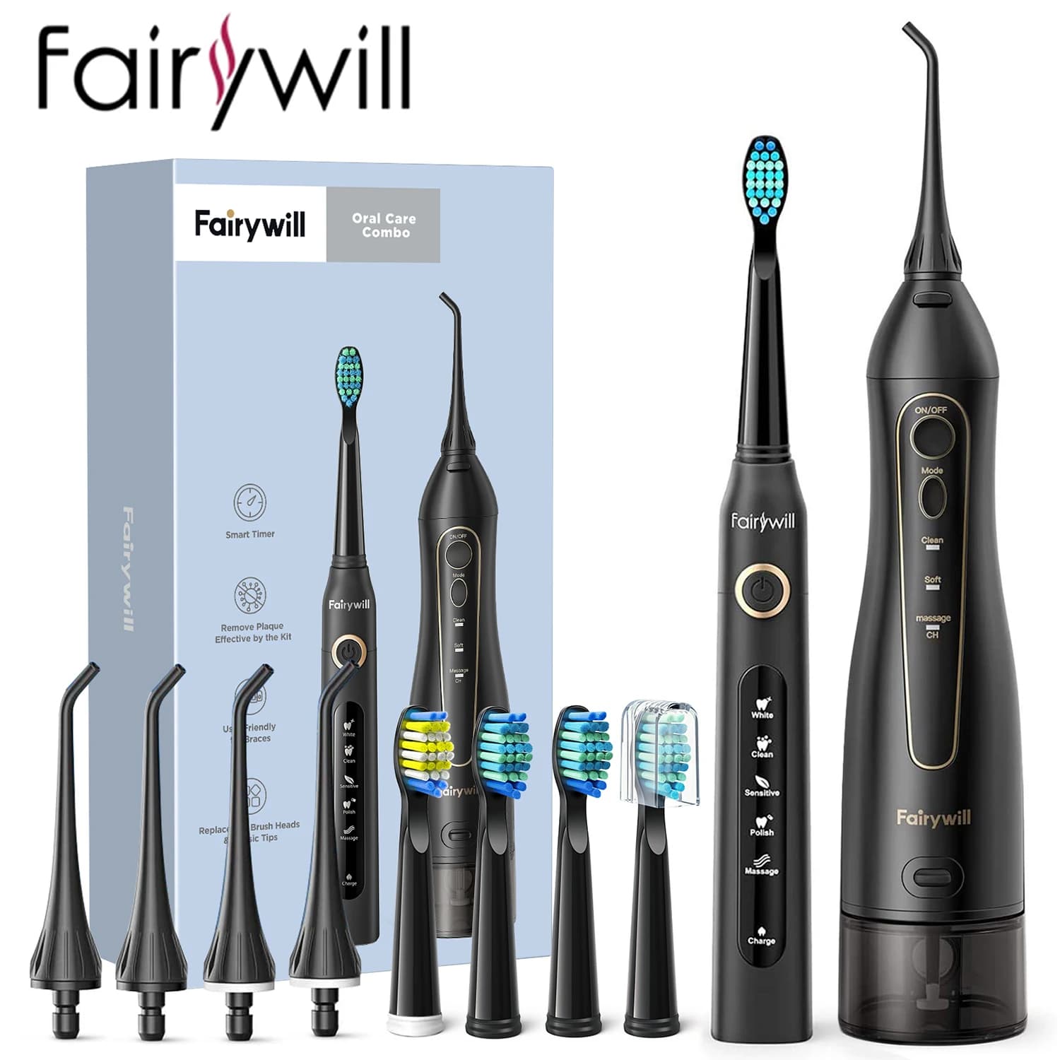 Fairywill Sonic Electric Toothbrush and Waterdropper USB Charge Waterproof 5 Mode 3 Heads Toothbrush Detergent for Teeth