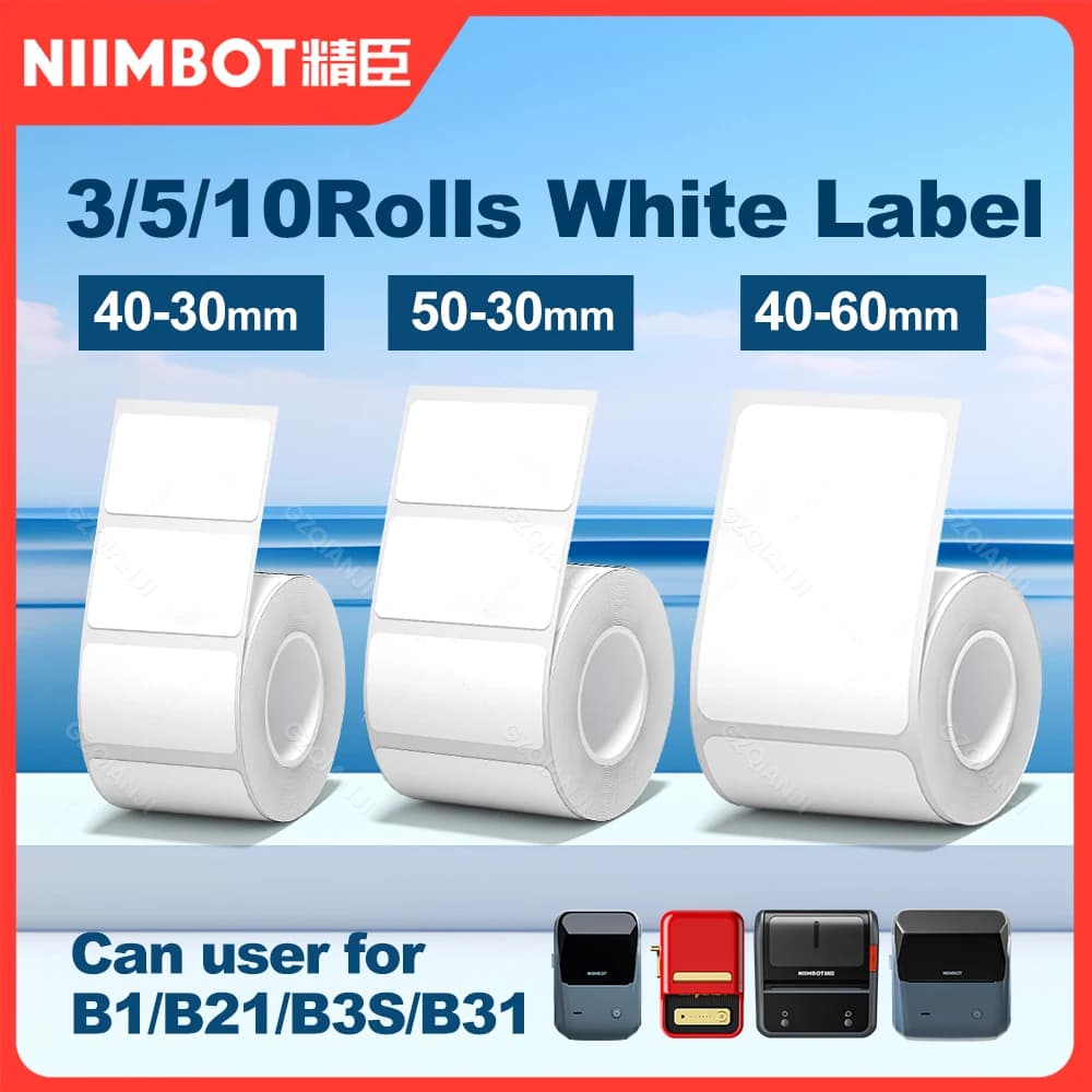 3/5/10 NiiMBOT Carta per etichette bianca Rotoli autoadesivi impermeabili per B1 B21 Mini stampante per etichette Cartellino del prezzo Office Maker Stampa UV