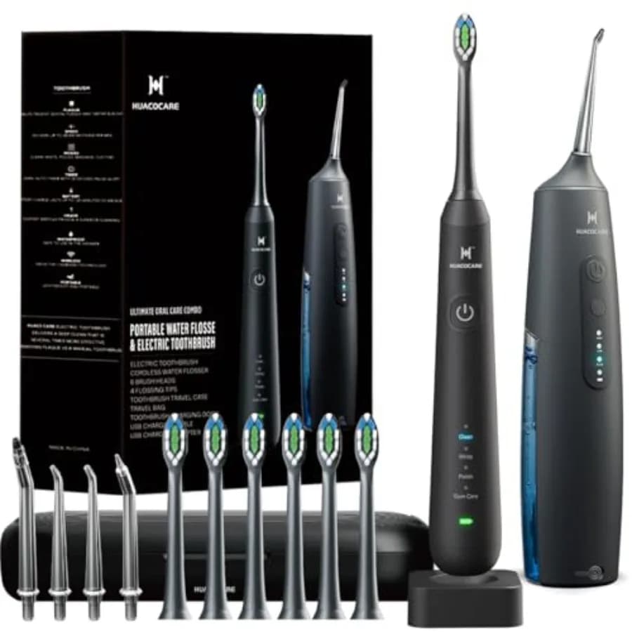 Kit per l'igiene orale per la cura dentale a casa: combo idropulsore e spazzolino elettrico in nero, acciaio inossidabile e silicone, doppia azione