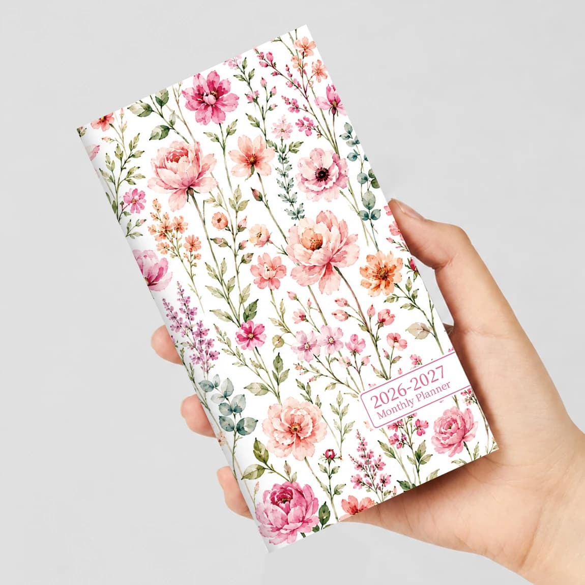 1PC A6 2026.7-2027.6 Monthly Planner Notebook, 9×16.5cm Pink Floral Softcover, 12-Month Calendar with Notes & Contact Pages