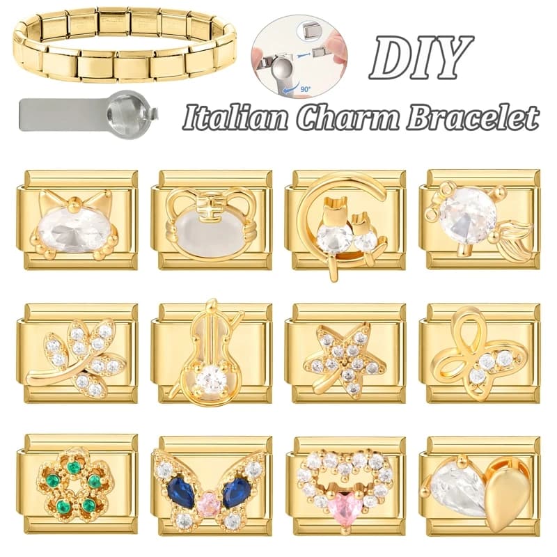 Y2K Gold Color Zircon Butterfly Leaf Moon Cat Flower Italian Charm Links Fit 9mm Stainless Steel Bracelet Women DIY Making Gifts