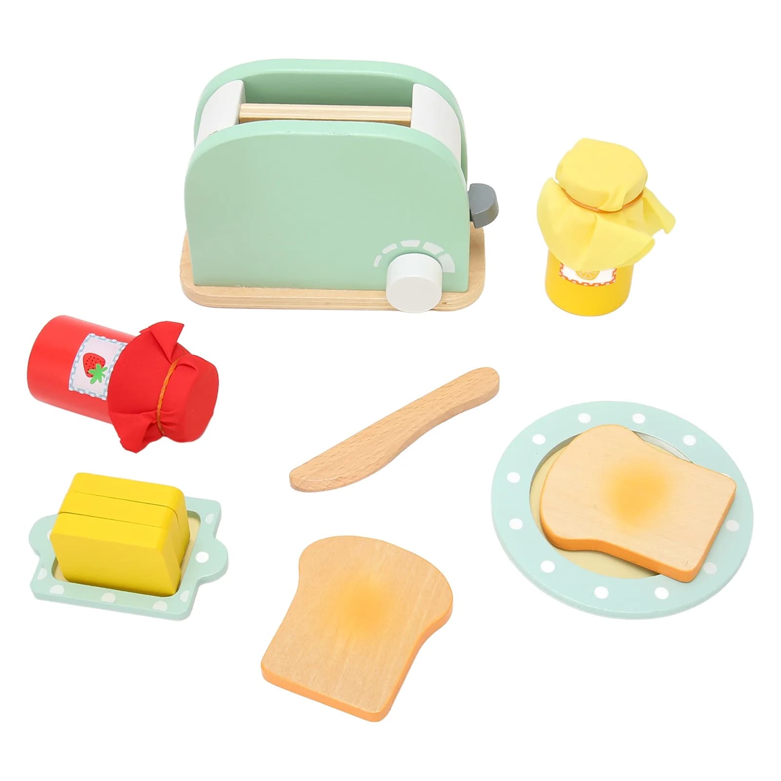 Toaster Toy Set with Bottle Bread Slices Plate Yellow Wooden Block Safe Bread Maker Toy for Girls Boys