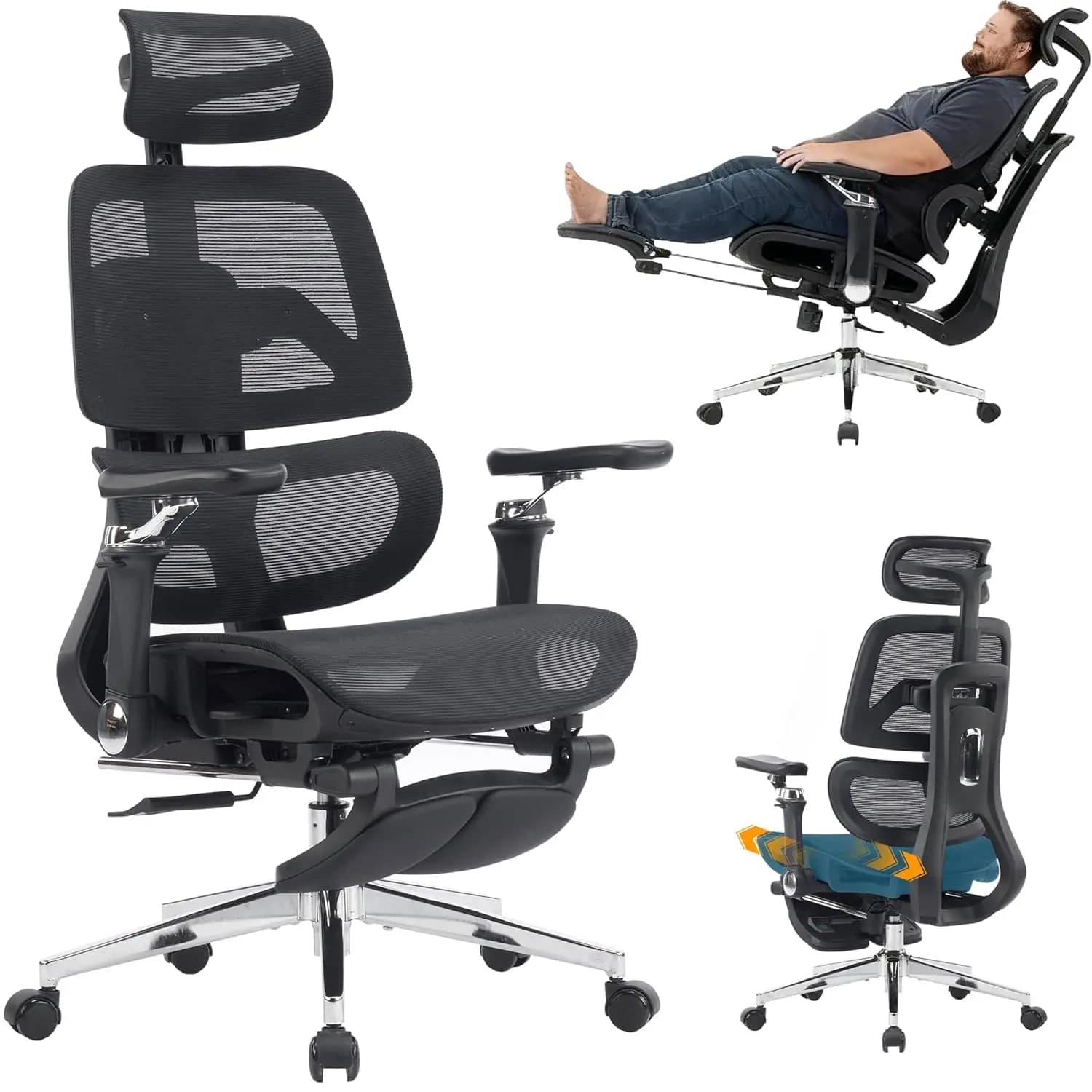 Sedia da Ufficio Ergonomica in Rete con Poggiapiedi, Supporto Lombare a 5 Livelli, Braccioli Ribaltabili 6D, per Gaming e Scrivania Domestica, Personalizzabile