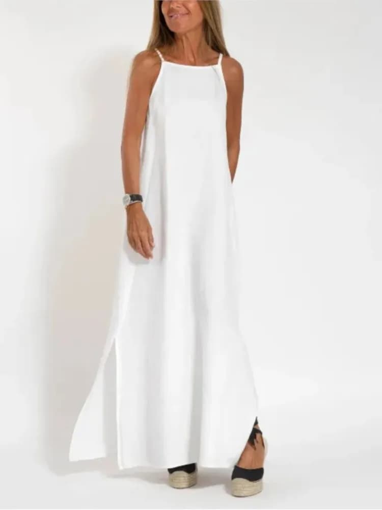 2024 Casual loose cotton dress fessure women Sexy Spaghetti Strap Solid color long white elegant party dress Robe Femme