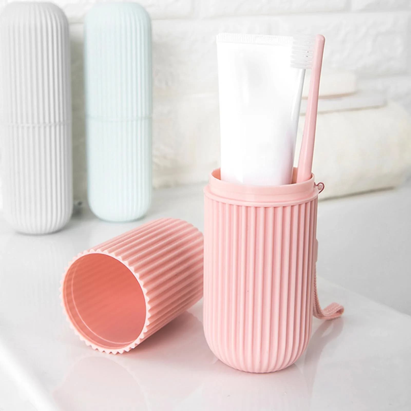 Empty Pink Portable Travel Toothbrush Cup Bathroom Toothpaste Box Case Organizer Cup to store travel toilet items