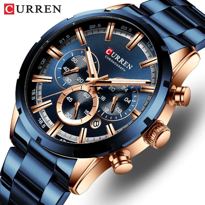 Men's Watch Curren Blue Dial Stainless Steel Strap Date Business Men's Watch Waterproof Luxury Men's Wrist Watch